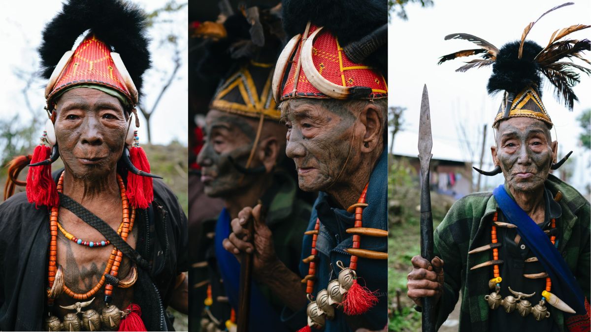 Three portraits of elderly Konyak headhunters from Mon district in Nagaland, considered among the last surviving members of the traditional warrior generation. They wear ceremonial feathered headdresses, facial tattoos, bead necklaces, tusk ornaments, and brass chest adornments. One man holds a spear while the others stand outdoors in a village setting, their expressions solemn and dignified.